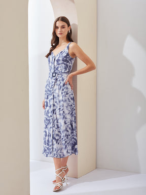 Latin Quarters Women Blue Tie-Dye V-Neck Sleeveless Casual A-Line Midi Dress