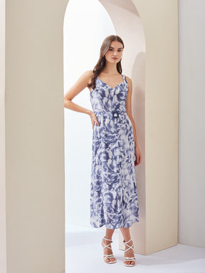 Latin Quarters Women Blue Tie-Dye V-Neck Sleeveless Casual A-Line Midi Dress