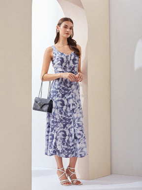 Latin Quarters Women Blue Tie-Dye V-Neck Sleeveless Casual A-Line Midi Dress