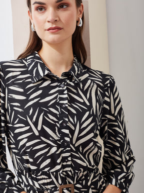 Latin Quarters Women A-Line Black 3/4Th Sleeves Collared Printed Casual Dress