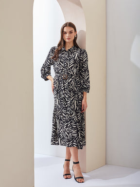 Latin Quarters Women A-Line Black 3/4Th Sleeves Collared Printed Casual Dress