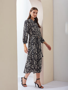 Latin Quarters Women A-Line Black 3/4Th Sleeves Collared Printed Casual Dress
