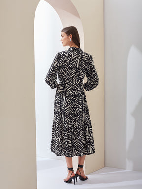 Latin Quarters Women A-Line Black 3/4Th Sleeves Collared Printed Casual Dress