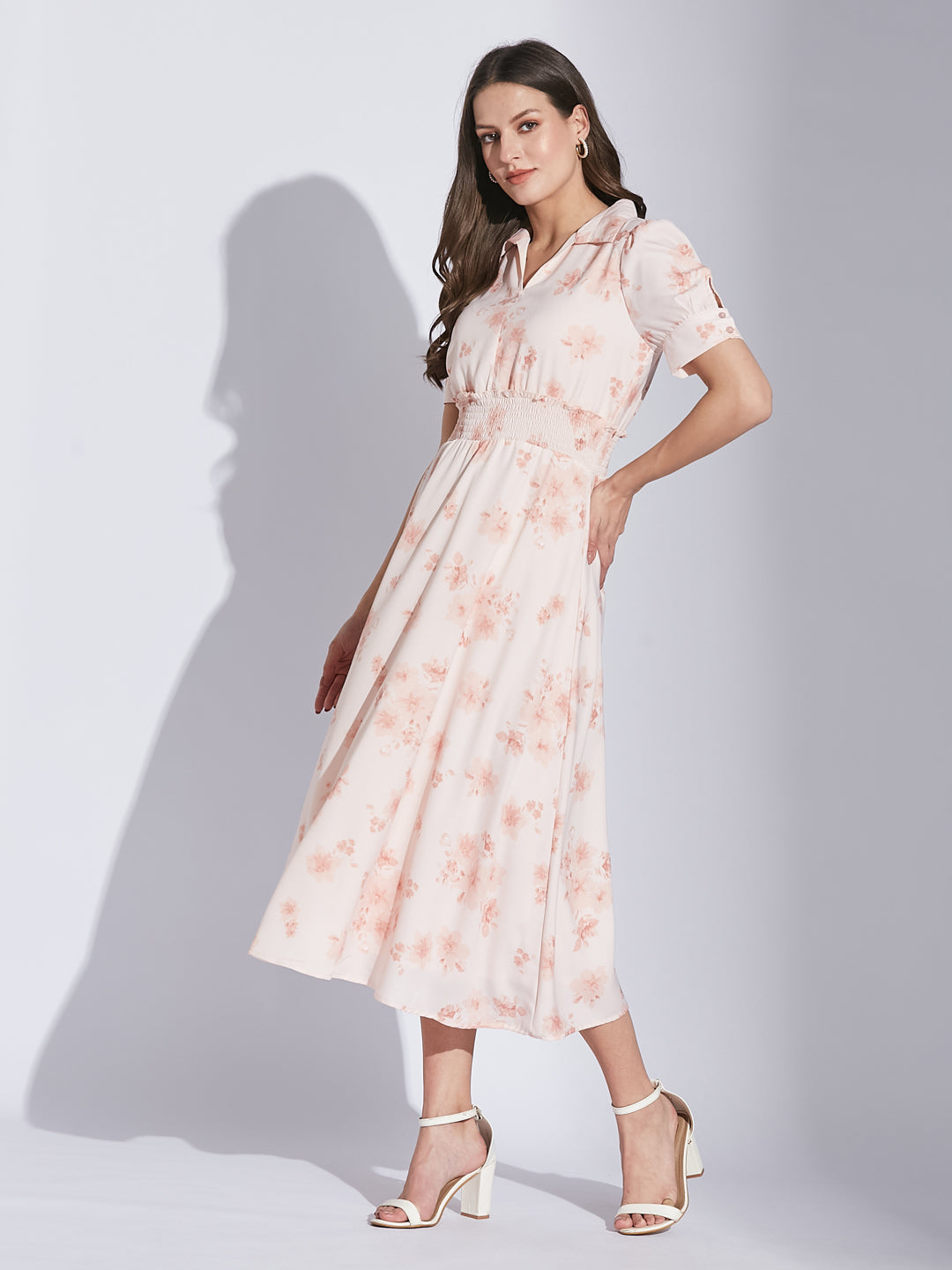 Latin Quarters Women Fit & Flare White Half Sleeve Collared Printed Ca