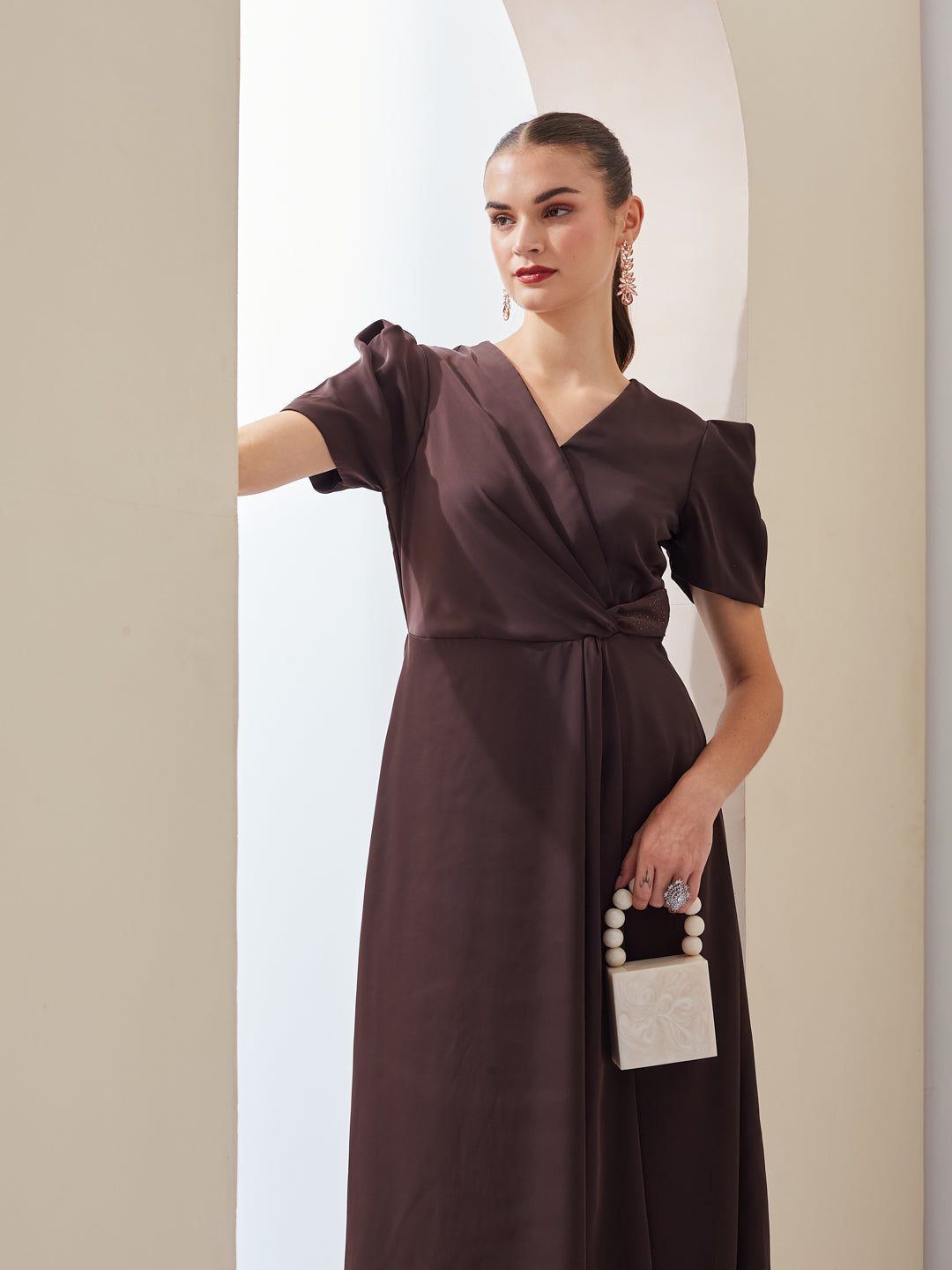 Latin Quarters Women Brown Solid V-Neck Short Sleeve Party Wrap Maxi Dress