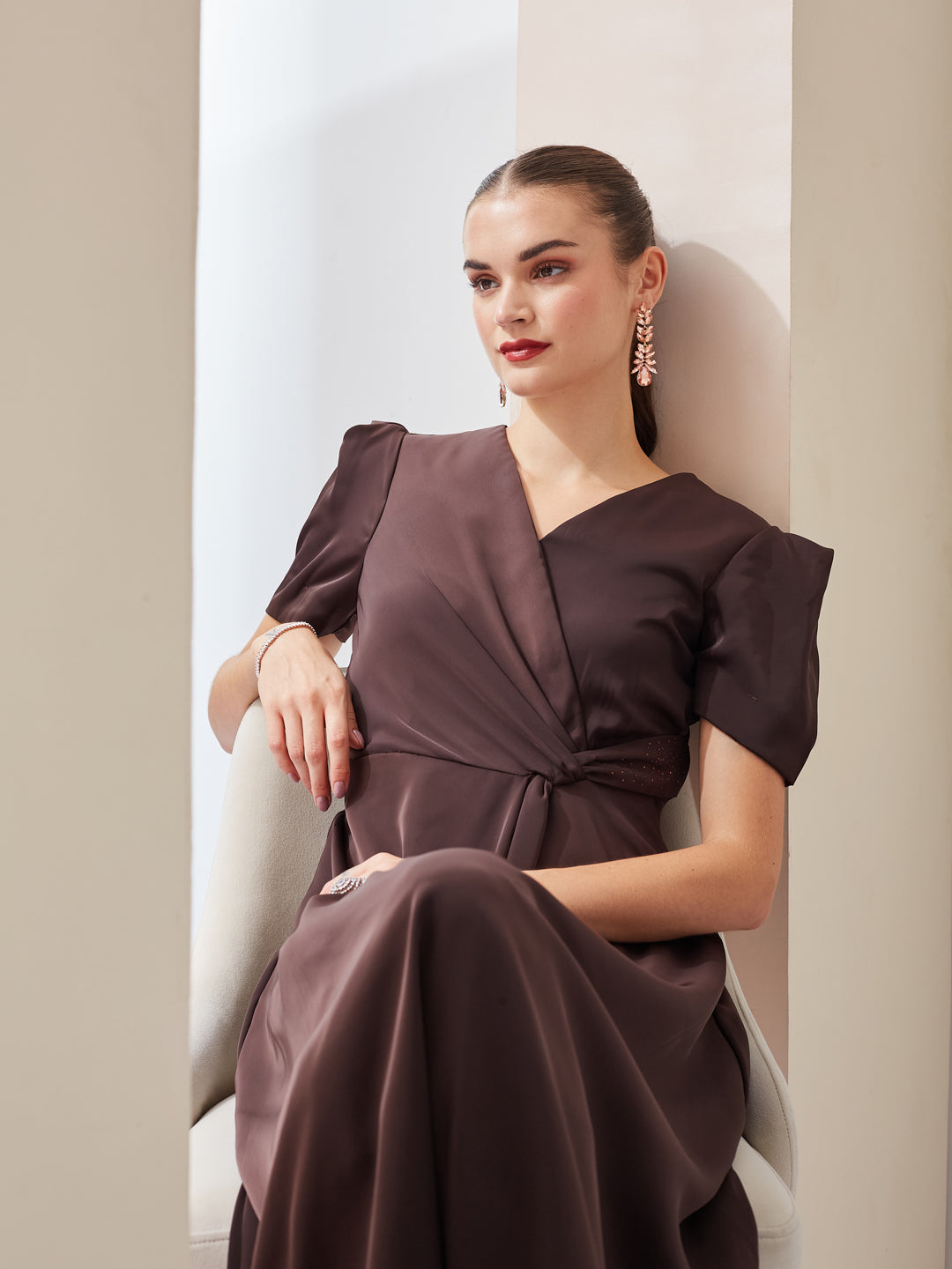 Latin Quarters Women Brown Solid V-Neck Short Sleeve Party Wrap Maxi Dress