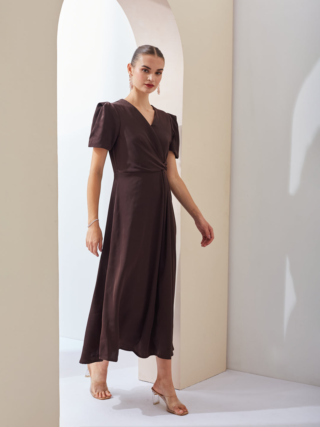 Latin Quarters Women Brown Solid V-Neck Short Sleeve Party Wrap Maxi Dress