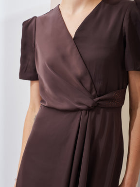 Latin Quarters Women Brown Solid V-Neck Short Sleeve Party Wrap Maxi Dress