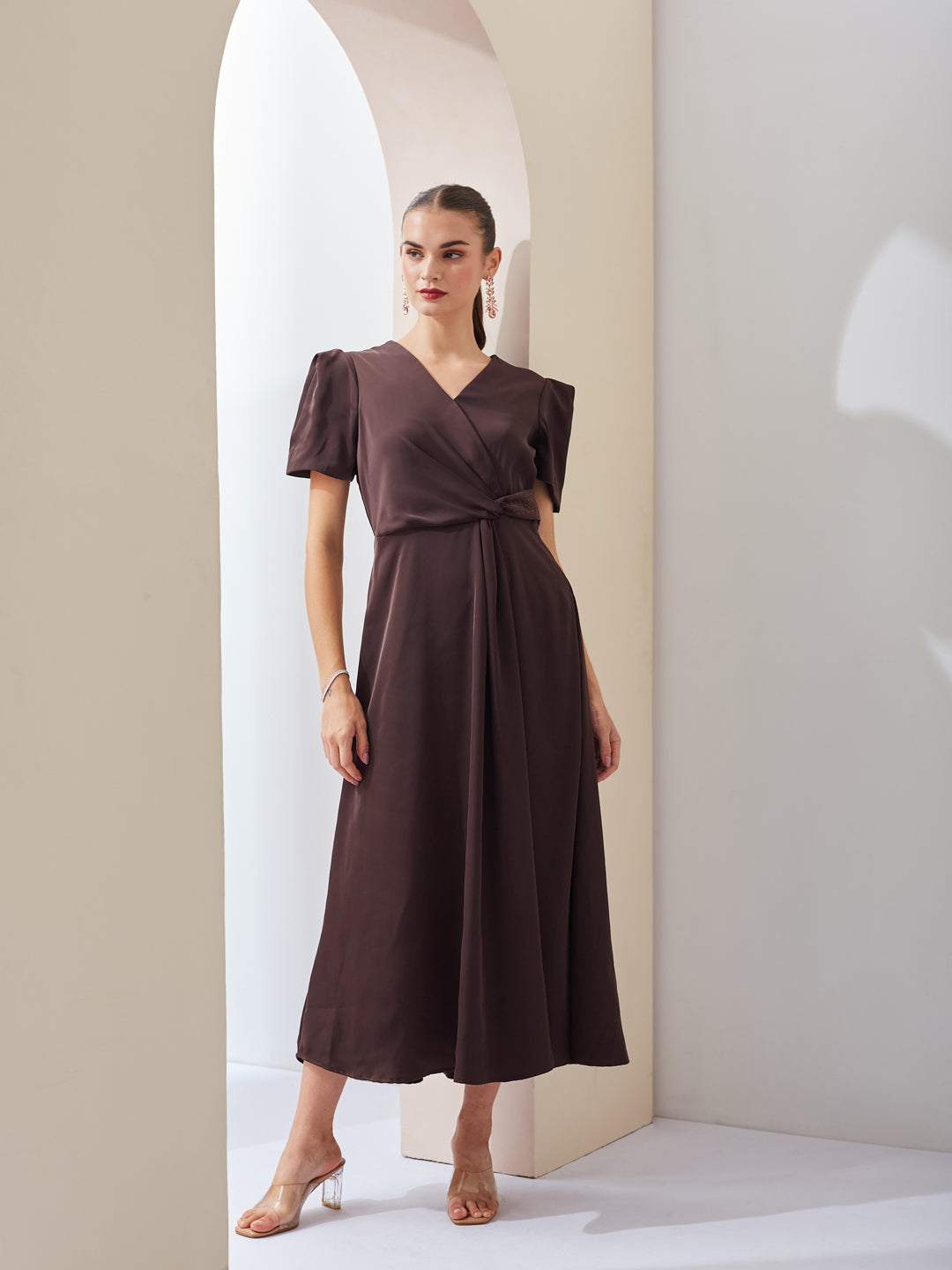 Latin Quarters Women Brown Solid V-Neck Short Sleeve Party Wrap Maxi Dress