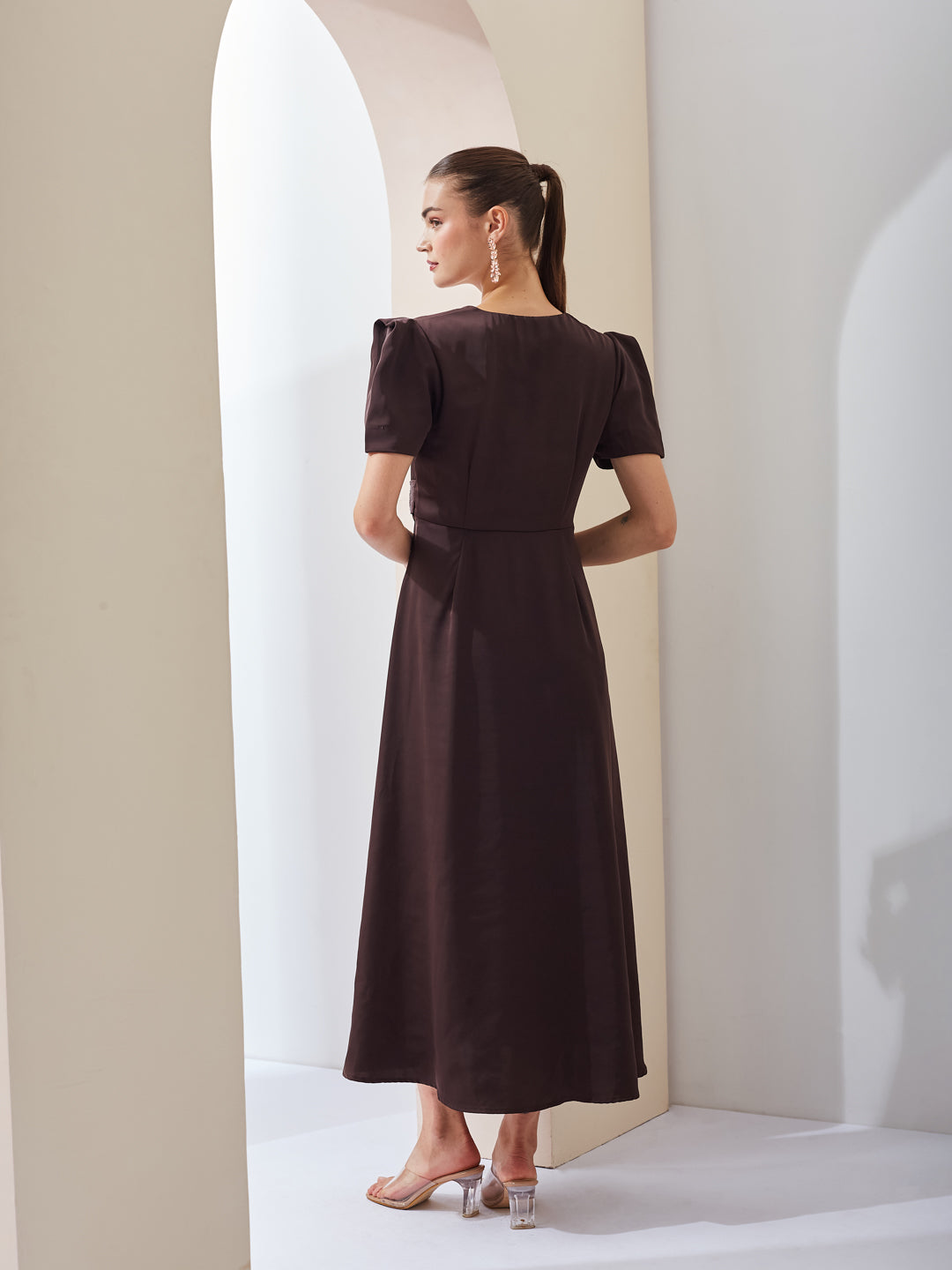 Latin Quarters Women Brown Solid V-Neck Short Sleeve Party Wrap Maxi Dress