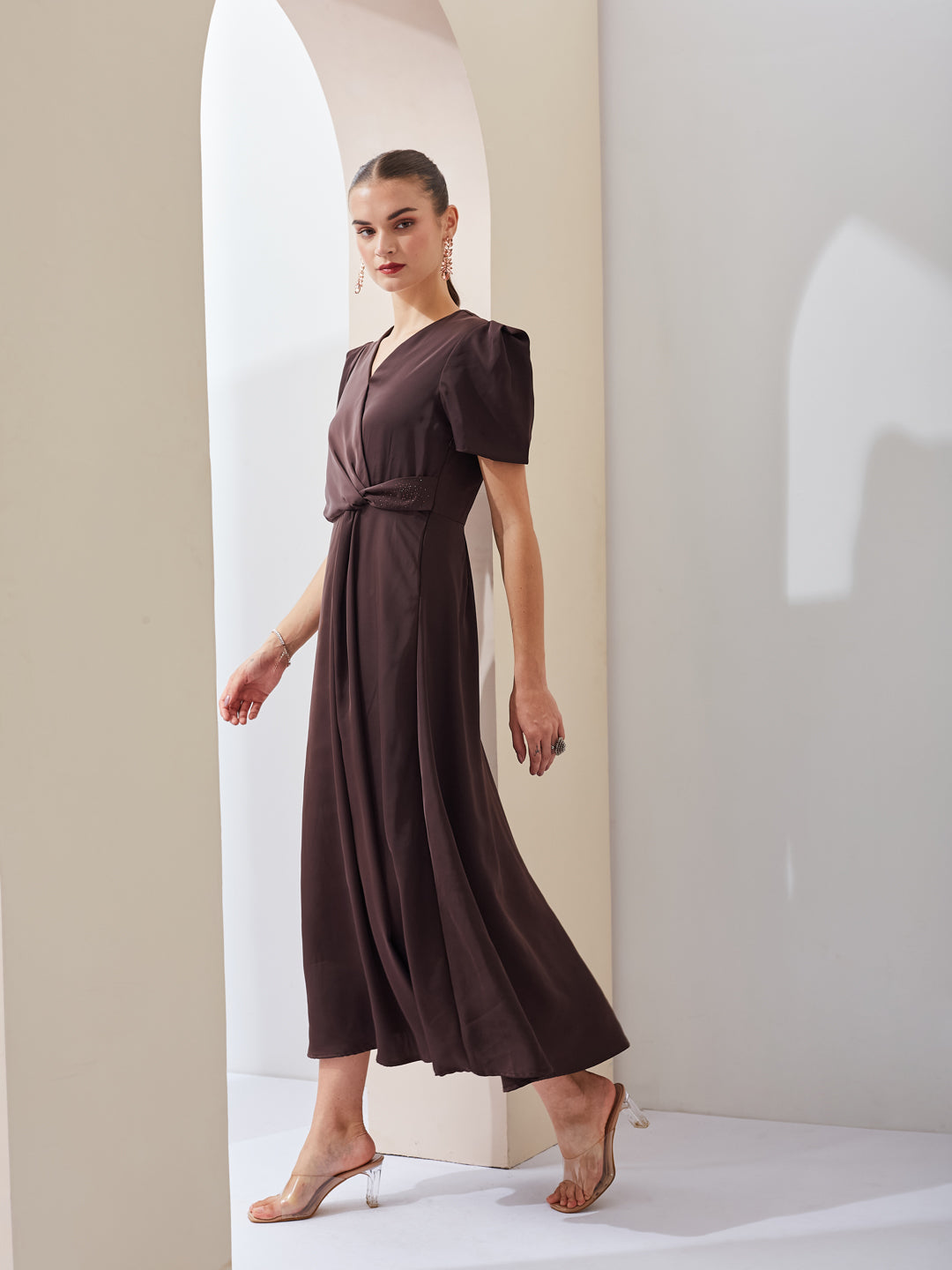 Latin Quarters Women Brown Solid V-Neck Short Sleeve Party Wrap Maxi Dress