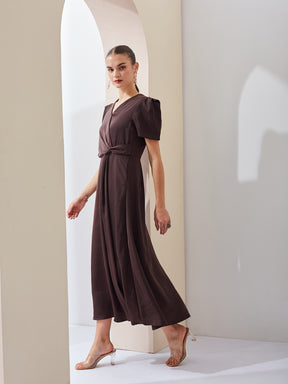 Latin Quarters Women Brown Solid V-Neck Short Sleeve Party Wrap Maxi Dress