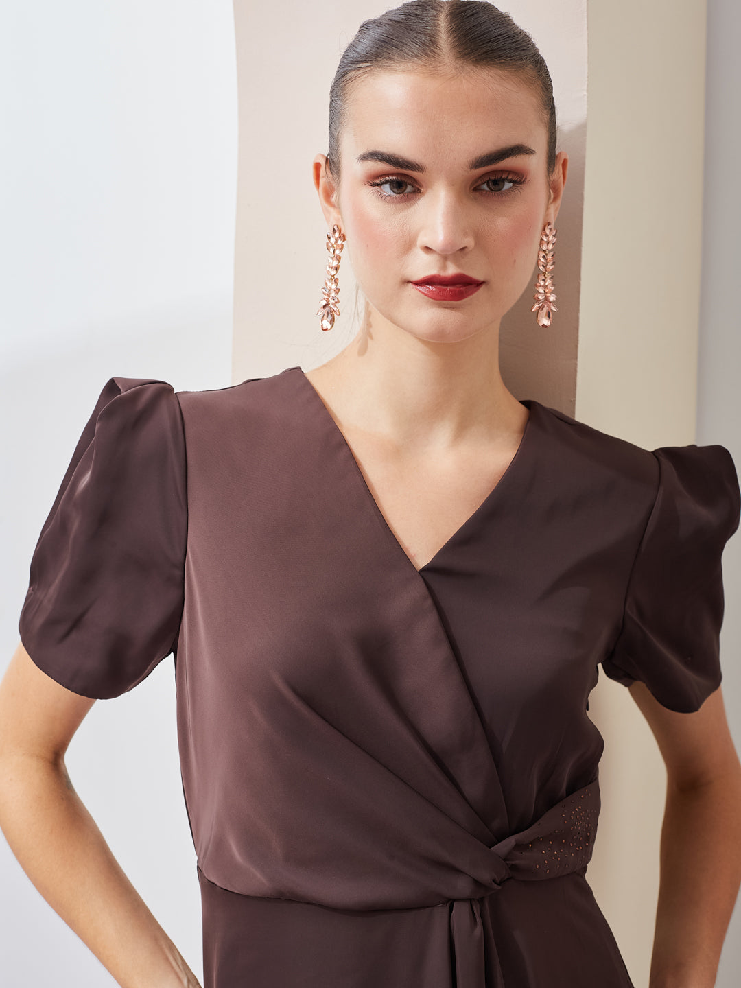 Latin Quarters Women Brown Solid V-Neck Short Sleeve Party Wrap Maxi Dress
