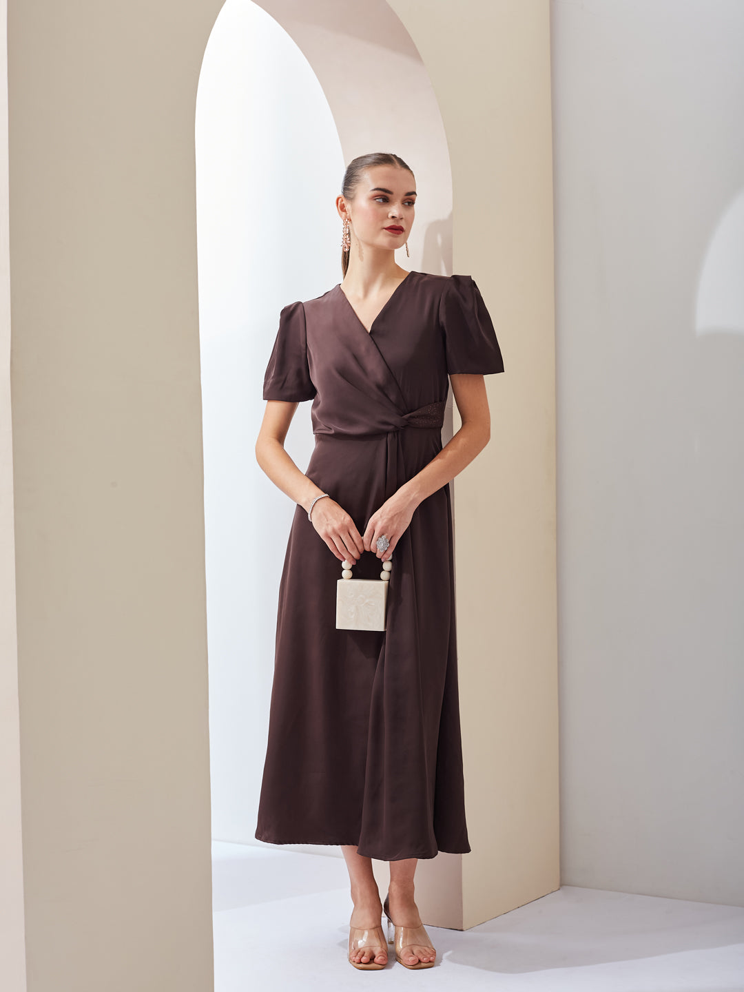 Latin Quarters Women Brown Solid V-Neck Short Sleeve Party Wrap Maxi Dress