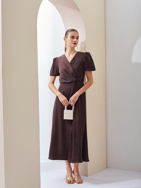 Latin Quarters Women Brown Solid V-Neck Short Sleeve Party Wrap Maxi Dress