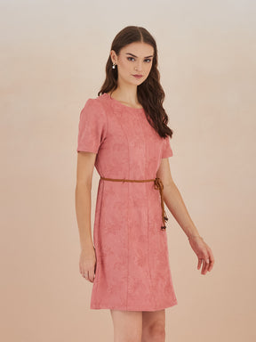 Latin Quarters Women Pink Round Neck Short Sleeve Solid Mini Dress For Casual Wear