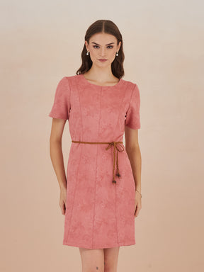 Latin Quarters Women Pink Round Neck Short Sleeve Solid Mini Dress For Casual Wear