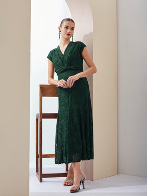 Latin Quarters Women Green Self Design V-Neck Cap Sleeves Party Fit & Flare Maxi Dress