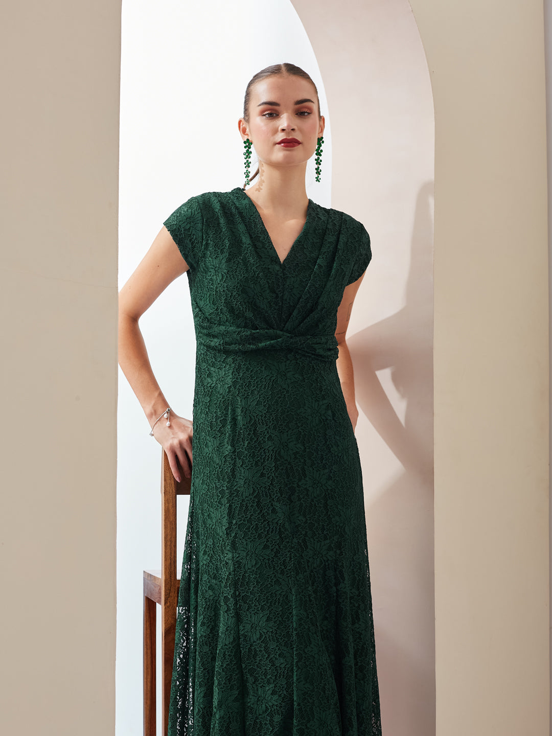 Latin Quarters Women Green Self Design V-Neck Cap Sleeves Party Fit & Flare Maxi Dress