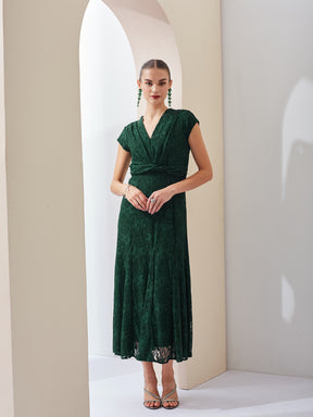 Latin Quarters Women Green Self Design V-Neck Cap Sleeves Party Fit & Flare Maxi Dress