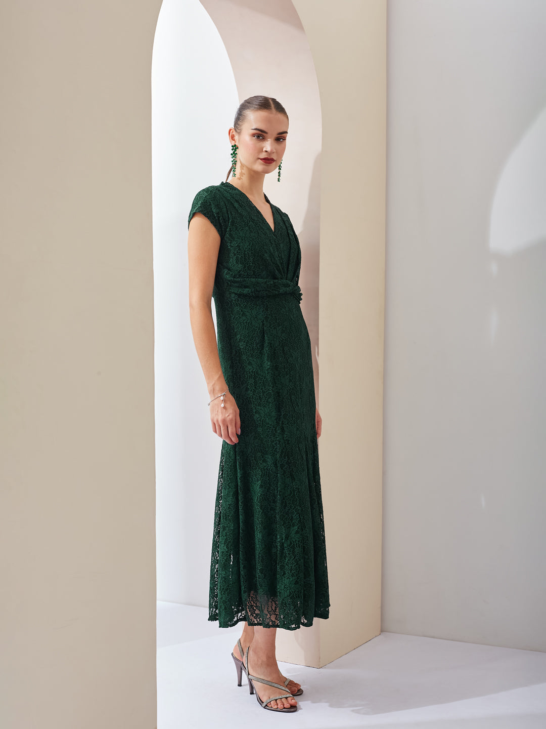 Latin Quarters Women Green Self Design V-Neck Cap Sleeves Party Fit & Flare Maxi Dress