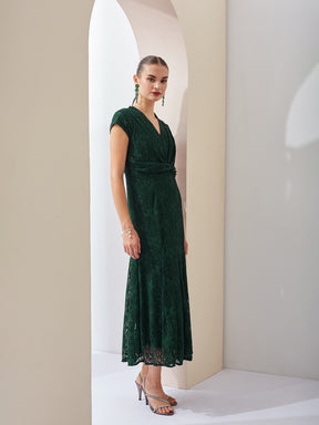 Latin Quarters Women Green Self Design V-Neck Cap Sleeves Party Fit & Flare Maxi Dress