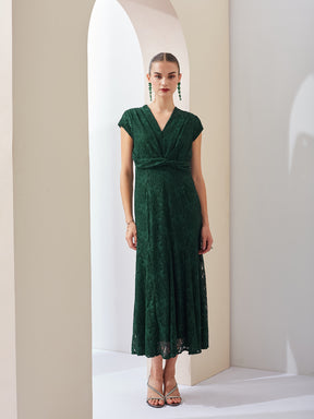 Latin Quarters Women Green Self Design V-Neck Cap Sleeves Party Fit & Flare Maxi Dress