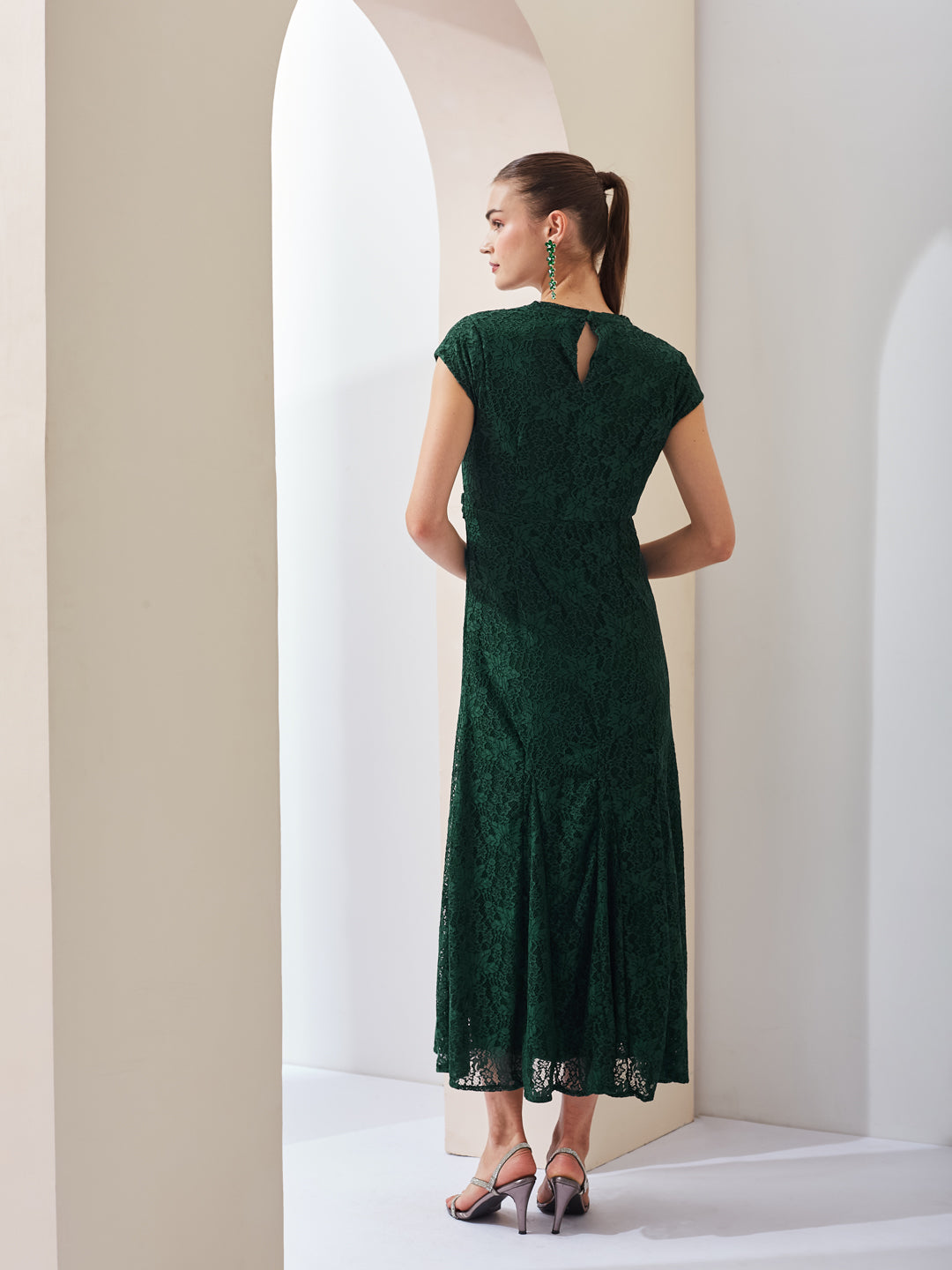 Latin Quarters Women Green Self Design V-Neck Cap Sleeves Party Fit & Flare Maxi Dress