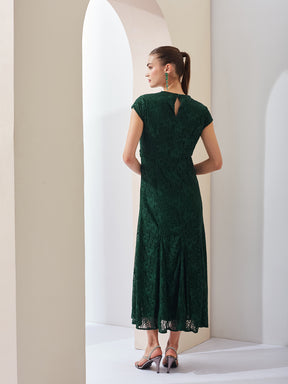 Latin Quarters Women Green Self Design V-Neck Cap Sleeves Party Fit & Flare Maxi Dress
