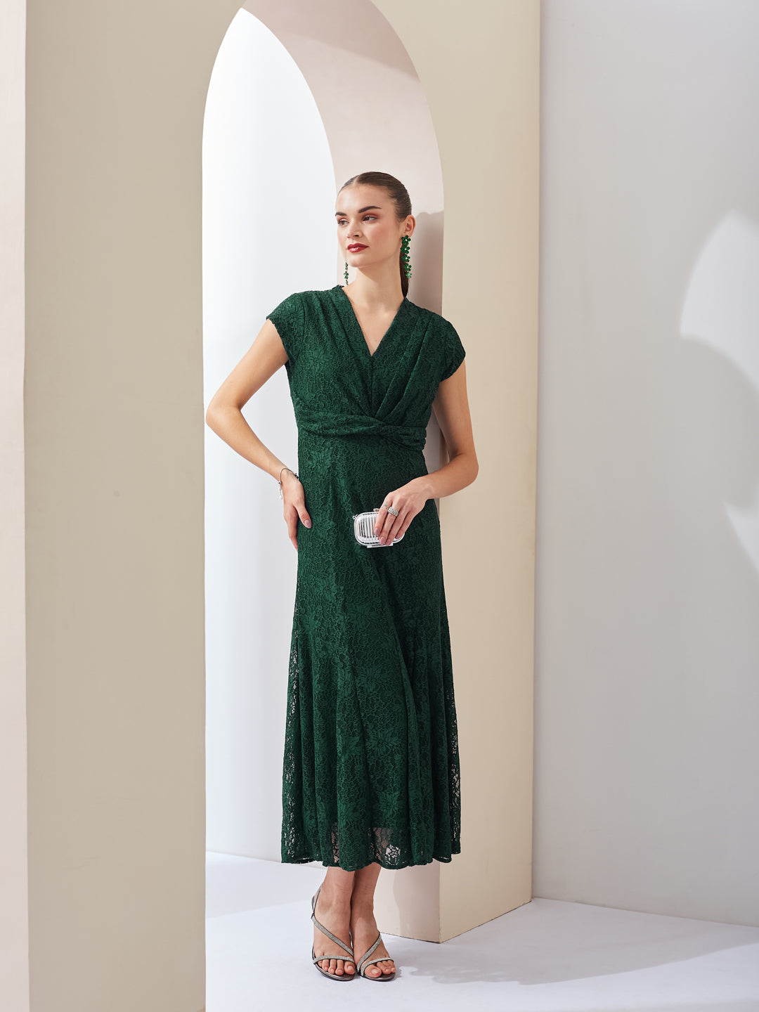 Latin Quarters Women Green Self Design V-Neck Cap Sleeves Party Fit & Latin Quarters Women Green Self Design V-Neck Cap Sleeves Party Fit &