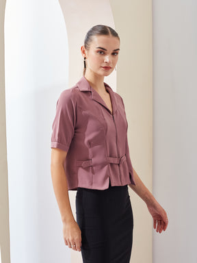 Latin Quarters Women Pink Solid Collared Short Sleeve Casual Regular Top