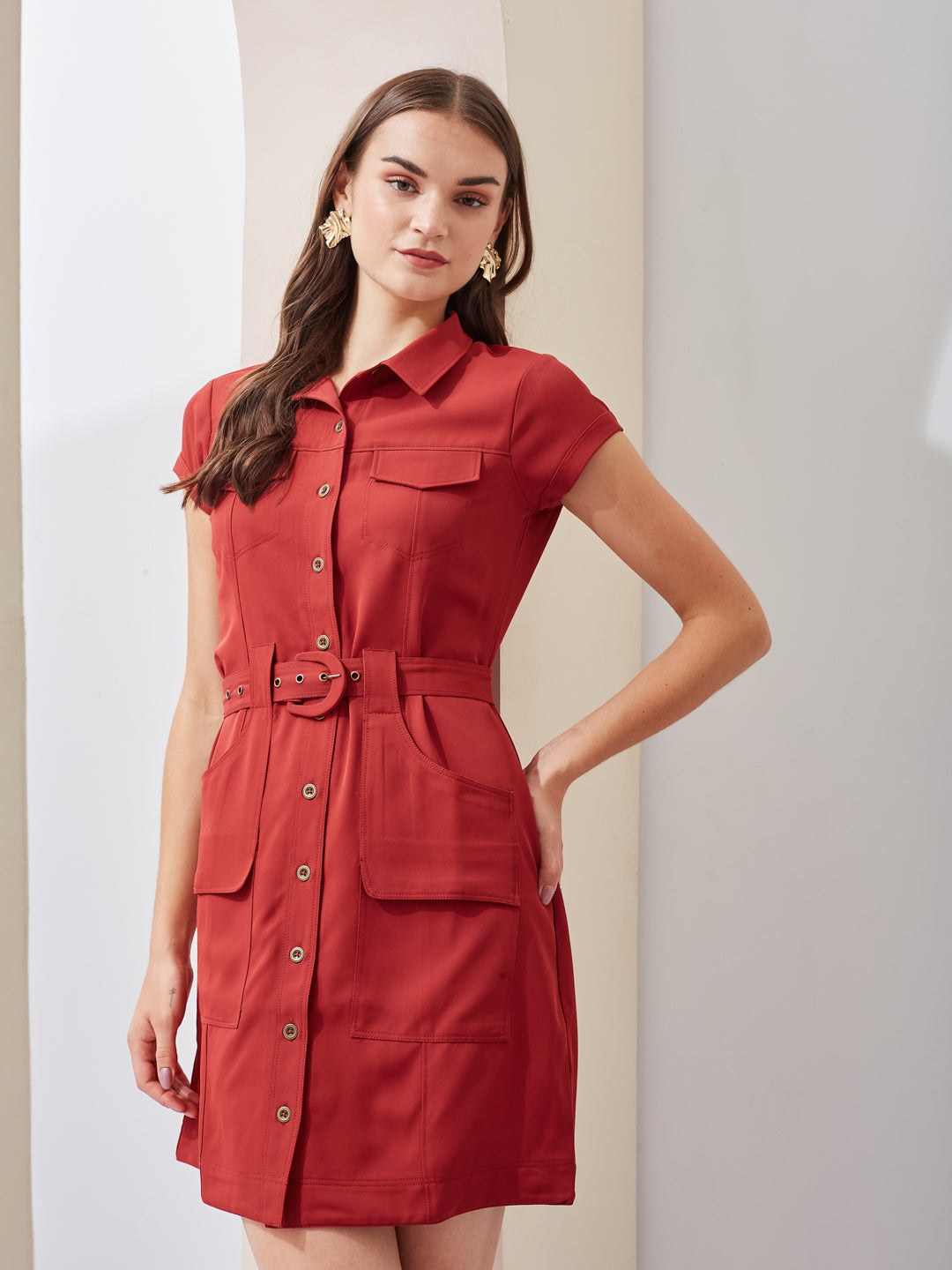 Latin Quarters Women Rust Solid Collared Short Sleeve Casual Mini Shirt Dress