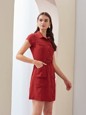 Latin Quarters Women Rust Solid Collared Short Sleeve Casual Mini Shirt Dress