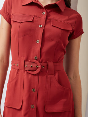 Latin Quarters Women Rust Solid Collared Short Sleeve Casual Mini Shirt Dress
