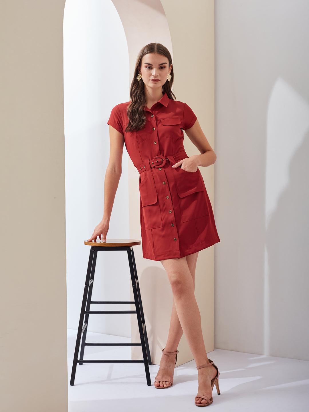 Latin Quarters Women Rust Solid Collared Short Sleeve Casual Mini Shirt Dress