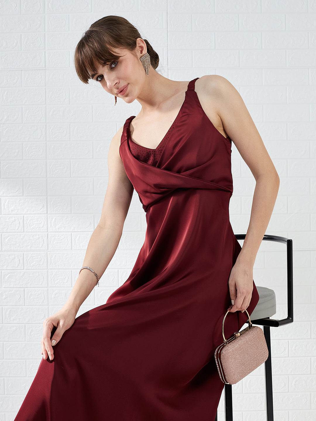Latin Quarters Women's Maroon Sleeveless V-Neck Solid Party Maxi Dress