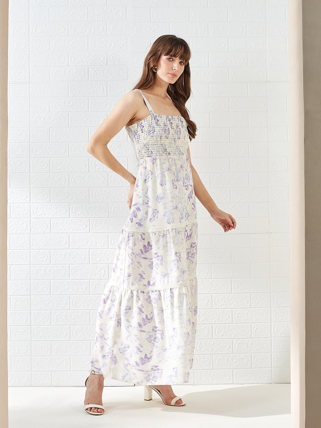 Latin Quarters Women's White Sleeveless Square Neck Printed Casual Maxi Dress
