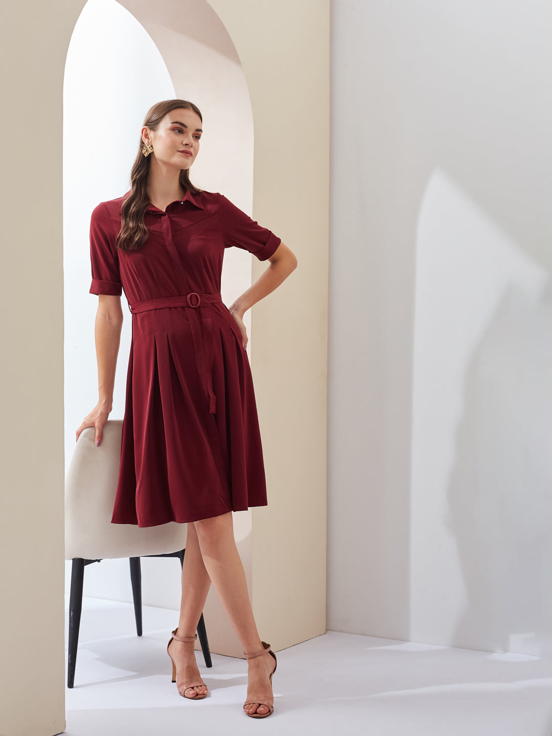 Latin Quarters Women A-Line Maroon Half Sleeve Collared Solid Casual Dress