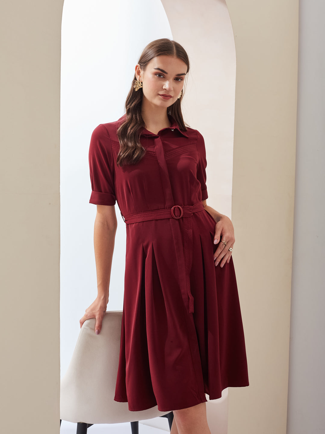 Latin Quarters Women A-Line Maroon Half Sleeve Collared Solid Casual Dress