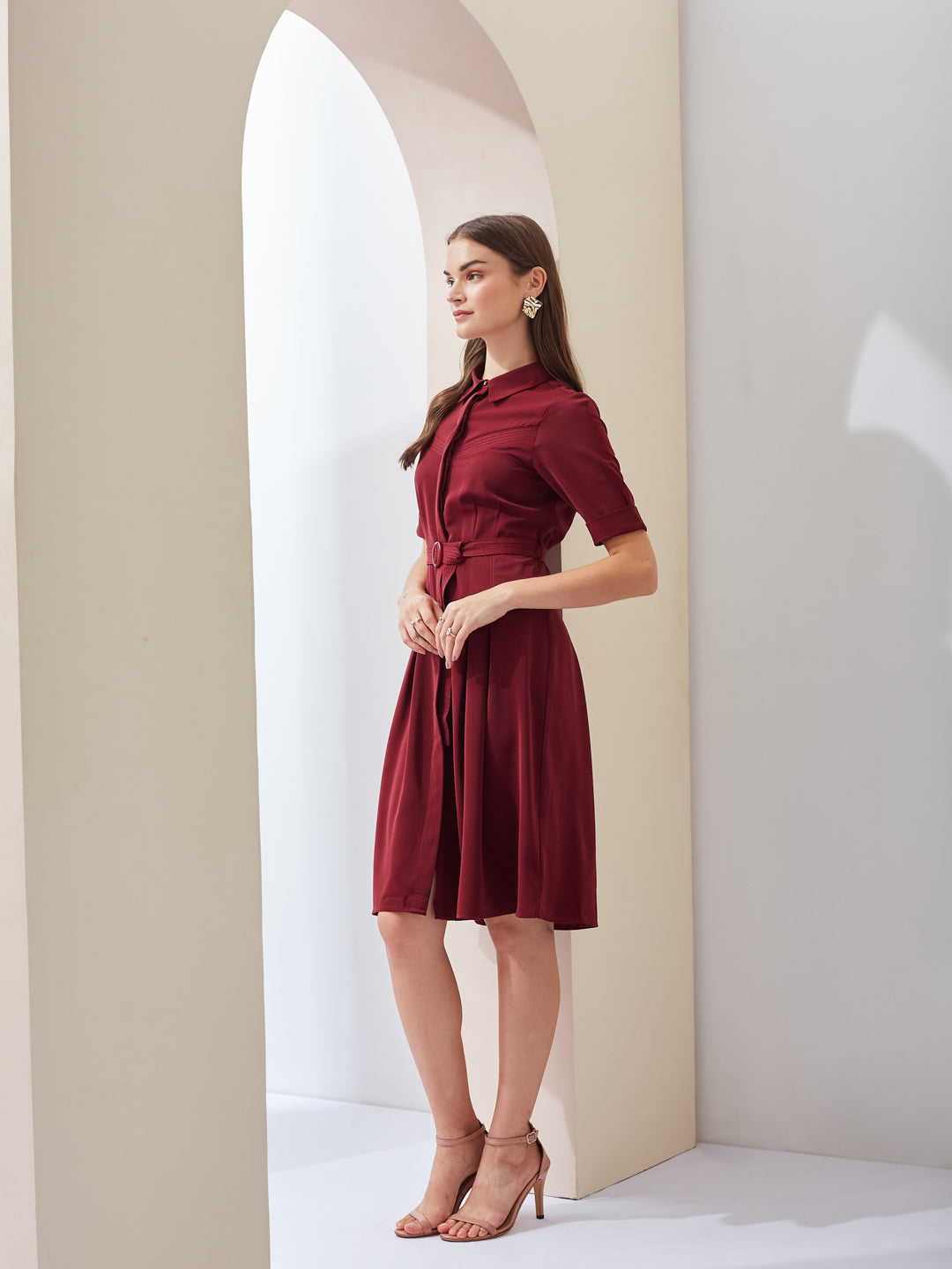 Latin Quarters Women A-Line Maroon Half Sleeve Collared Solid Casual Dress