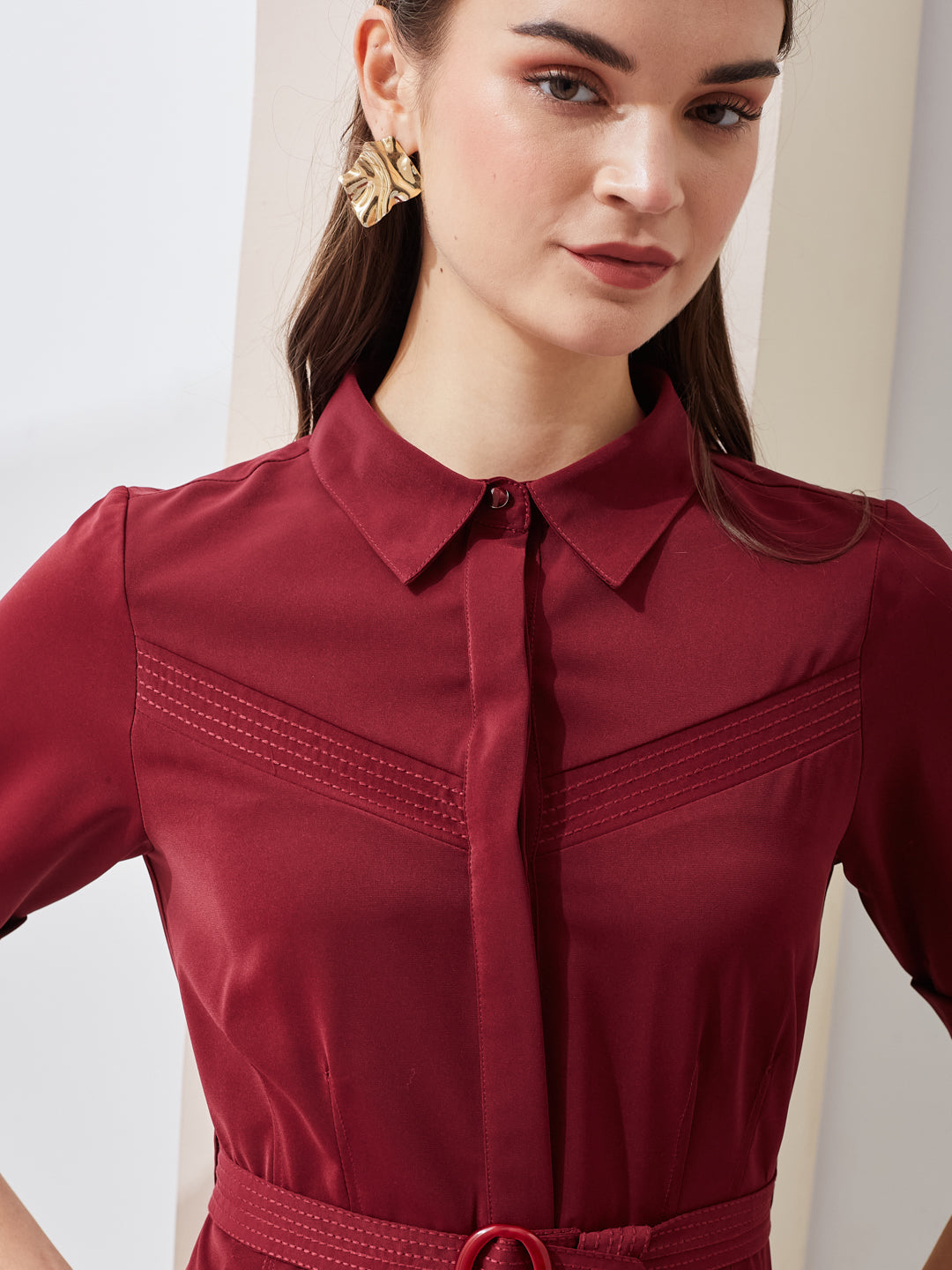 Latin Quarters Women A-Line Maroon Half Sleeve Collared Solid Casual Dress