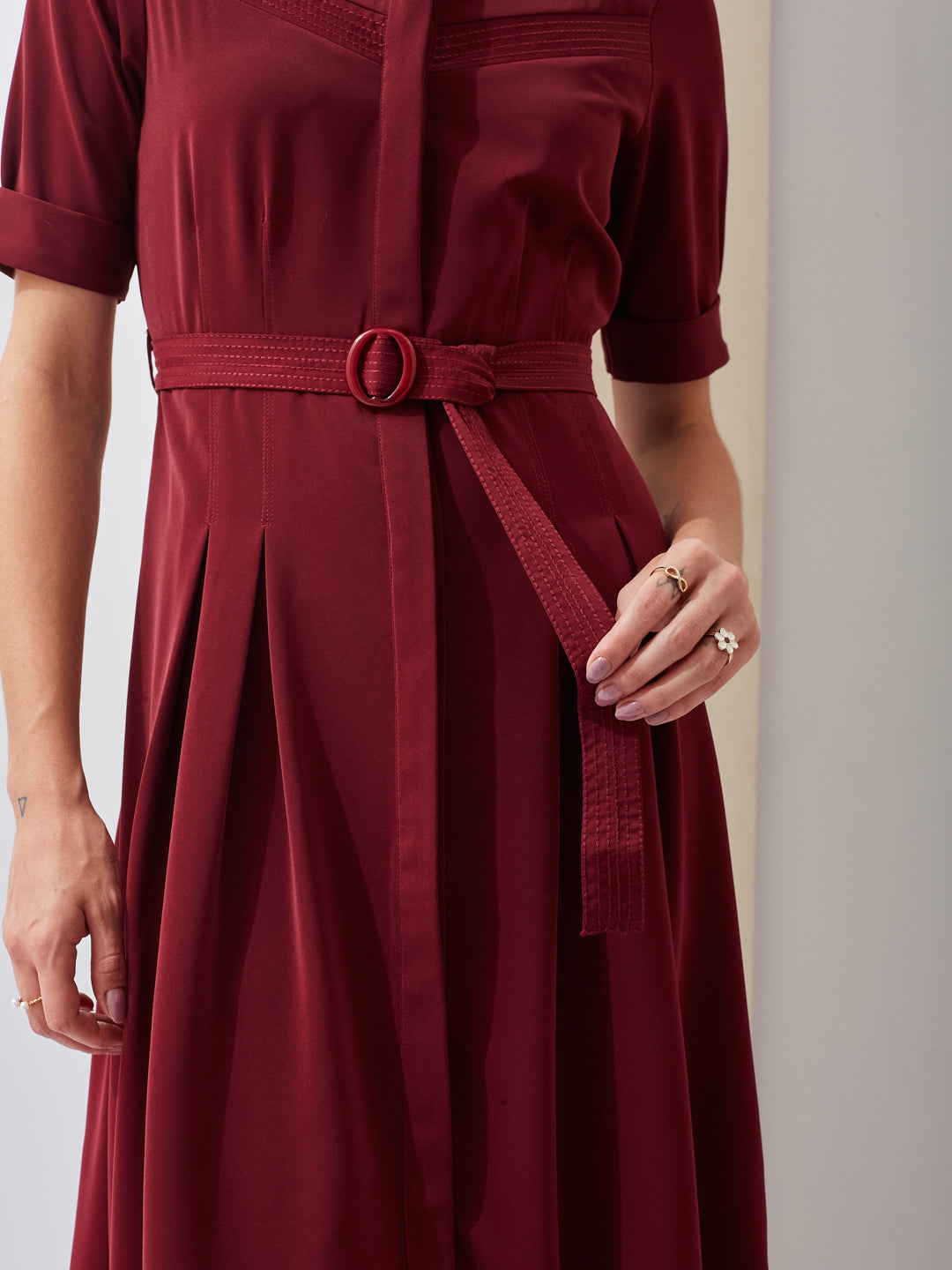 Latin Quarters Women A-Line Maroon Half Sleeve Collared Solid Casual Dress