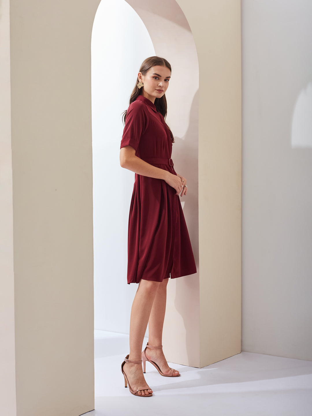 Latin Quarters Women A-Line Maroon Half Sleeve Collared Solid Casual Dress