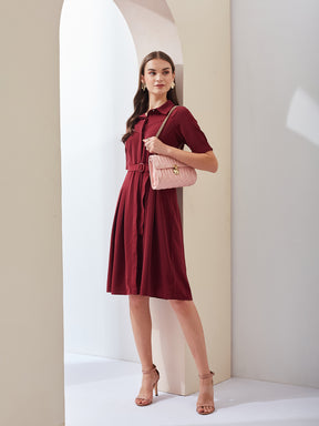 Latin Quarters Women A-Line Maroon Half Sleeve Collared Solid Casual Dress