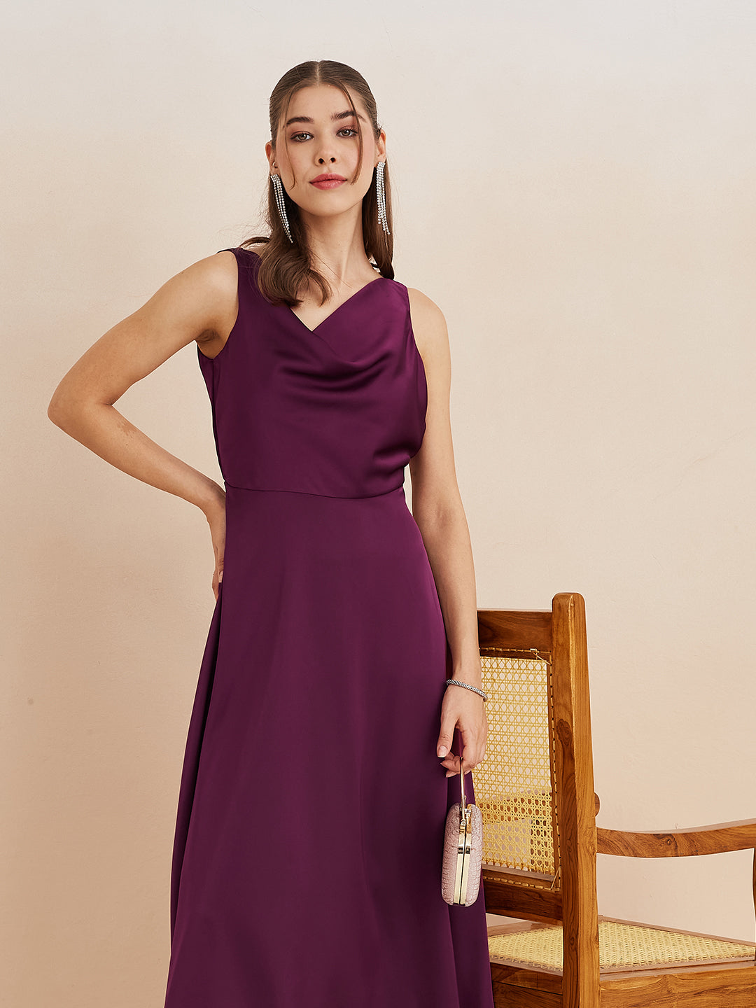 Latin Quarters Women'S Wine Cowl Neck Sleeveless Solid Party A-Line Dress