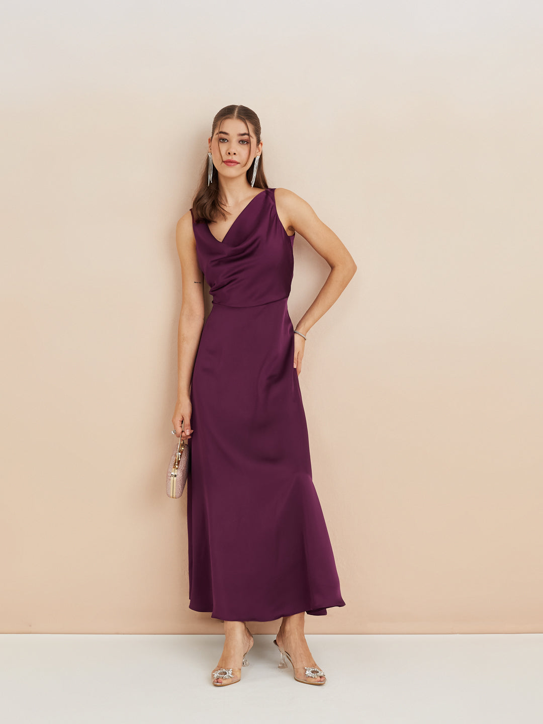 Latin Quarters Women'S Wine Cowl Neck Sleeveless Solid Party A-Line Dress