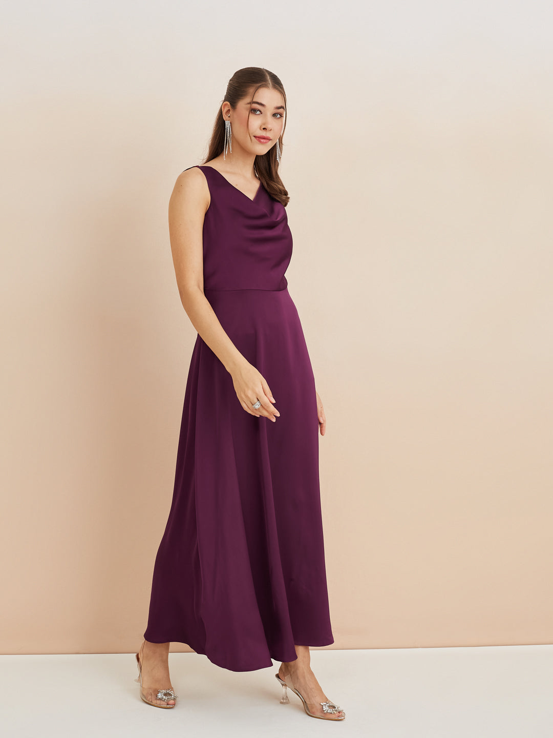 Latin Quarters Women'S Wine Cowl Neck Sleeveless Solid Party A-Line Dress