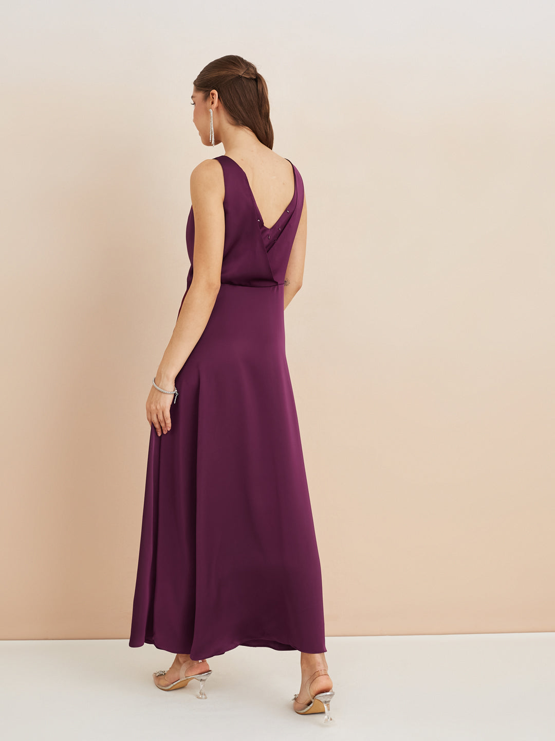 Latin Quarters Women'S Wine Cowl Neck Sleeveless Solid Party A-Line Dress