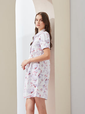 Latin Quarters Women White Floral Printed Collared Short Sleeves Casual Shirt Mini Dress