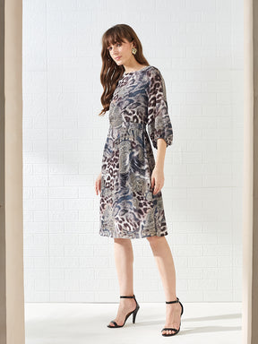 Latin Quarters Women's Black 3/4Th Sleeves Boat Neck Printed Casual Knee Length Dress